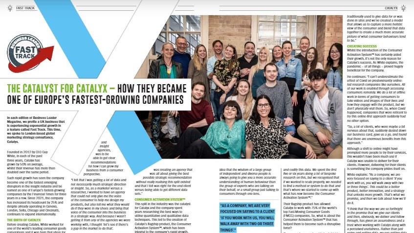 Catalyx in Business Leader magazine - screen shot of feature