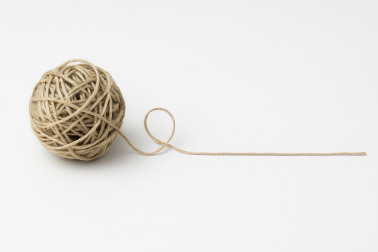 A ball of string unravelling into a single straight line on a clean white background — symbolising clarity emerging from complexity.