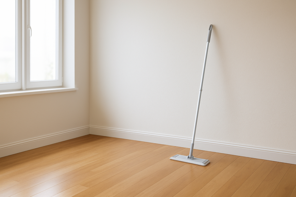 Minimalist room with a modern mop resting against the wall, symbolising consumer goods innovation through simplicity and effortless design.